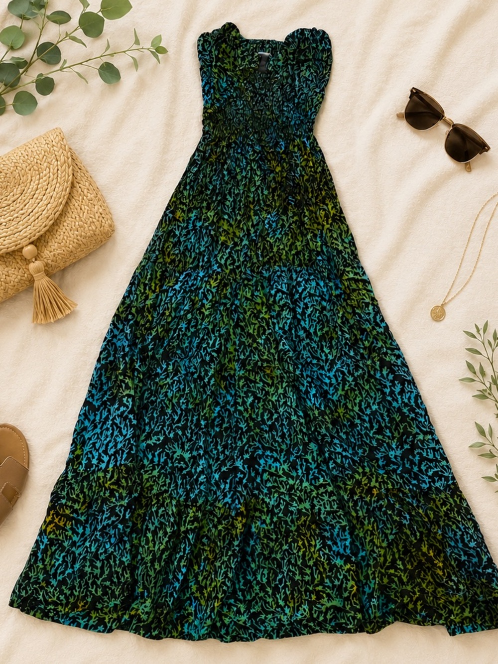 Tiare Hawaii Strapless Maxi Dress in Blue and Green Abstract Print One Size